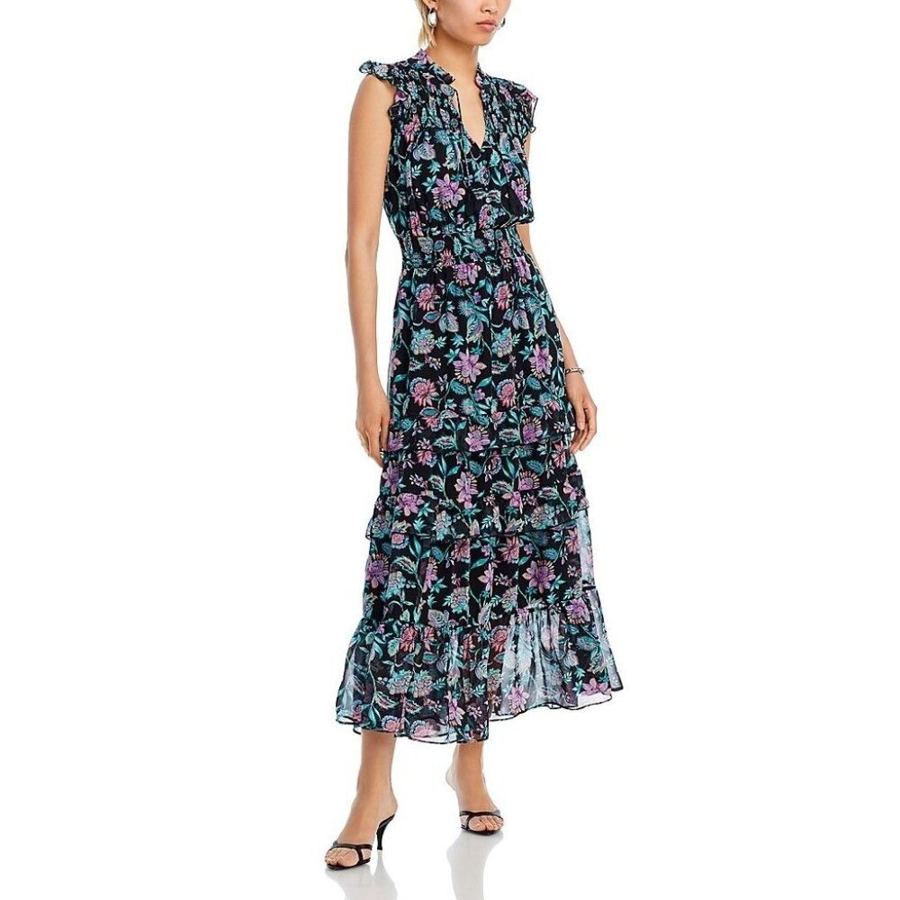 NWT Aqua Smocked Tiered Dress Black Floral Size L Large $128 [jb]
